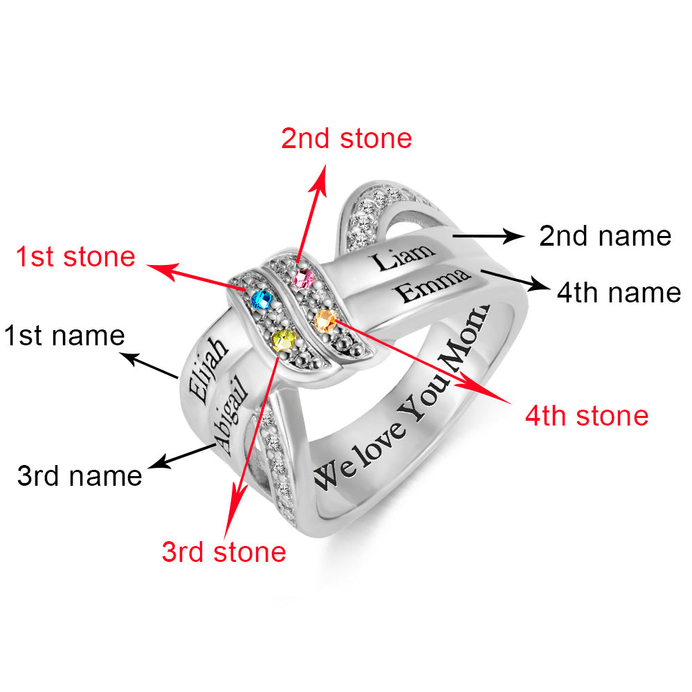 Eternal Love Ribbon Ring 4 Names Engraved Birthstone