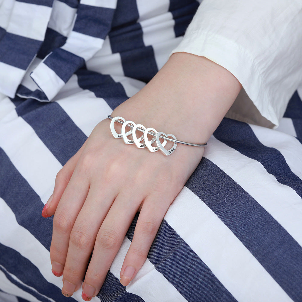 Bangle Bracelet with Heart Pendants Personalized 925 Silver