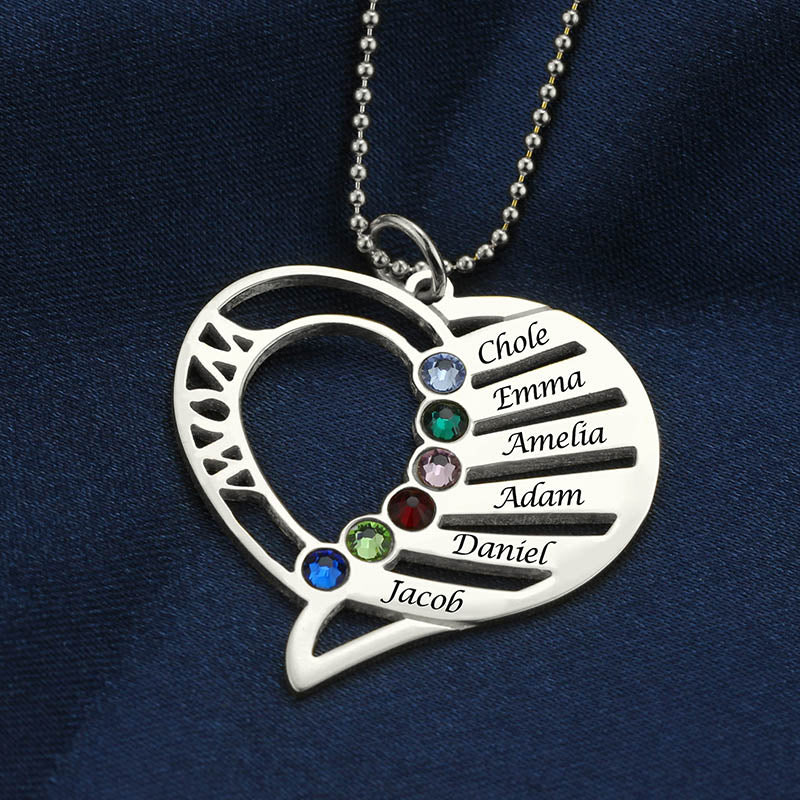 Mother Birthstones Heart Necklace Sterling Silver
