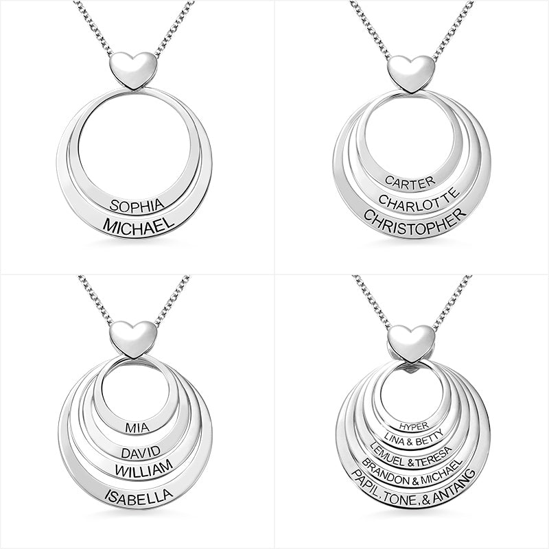 Family Stacked Circle Ring Necklace with Heart