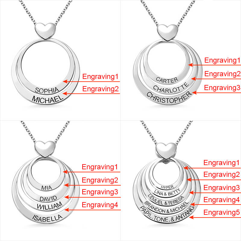 Family Stacked Circle Ring Necklace with Heart
