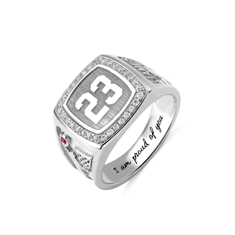 Basketball Signet Ring Engraved with Birthstone 