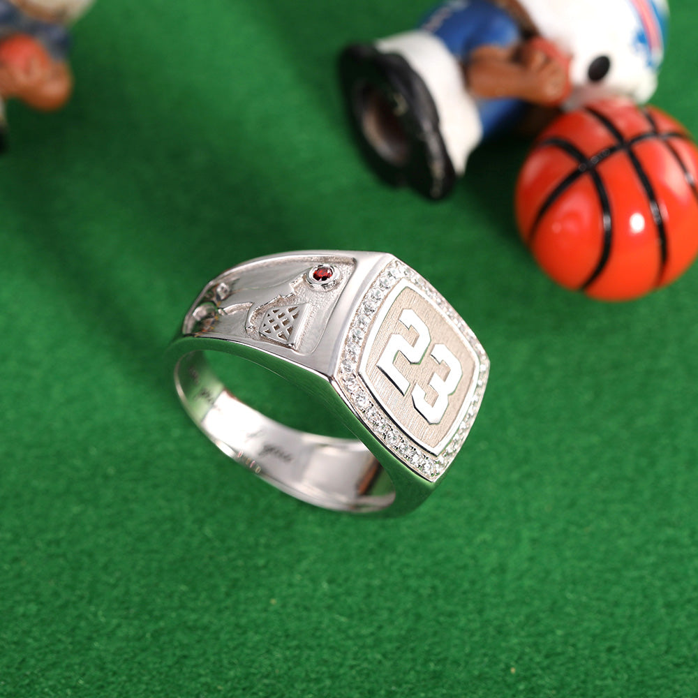 Basketball Signet Ring Engraved with Birthstone