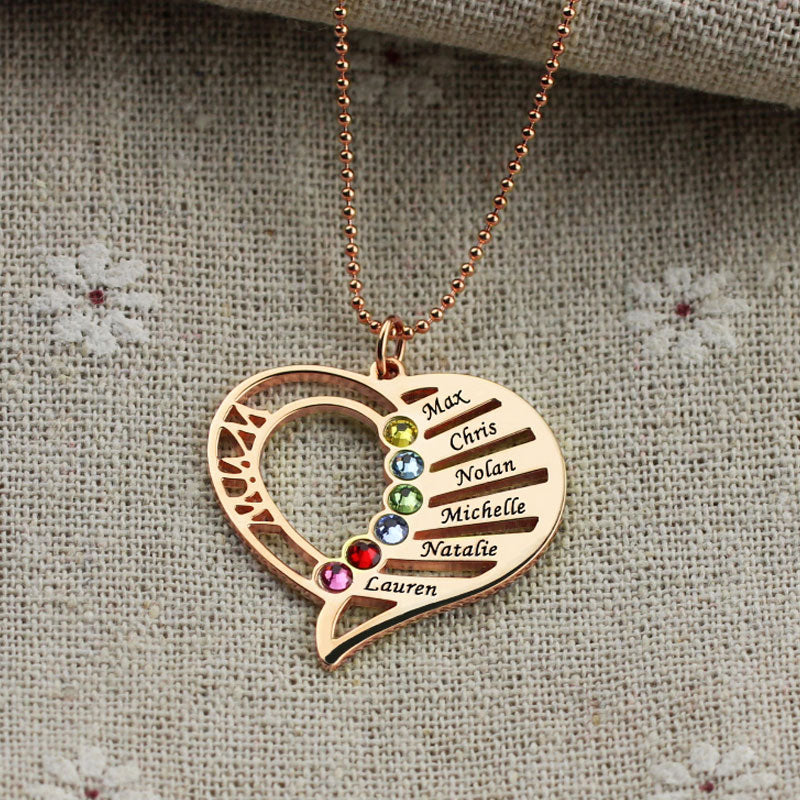 Mother Birthstones Heart Necklace Sterling Silver