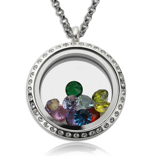 Birthstone Heart Floating Locket Necklace Stainless Steel