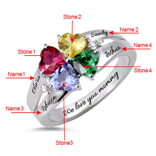Four Heart Birthstone Custom Engravable Ring Sterling Silver