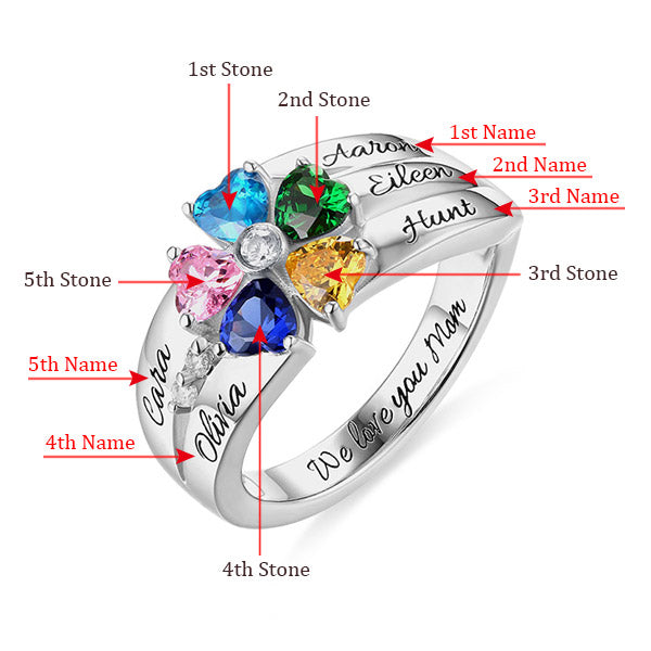Mother's Ring 5 Heart Shaped Birthstones Engraved 925 Sliver
